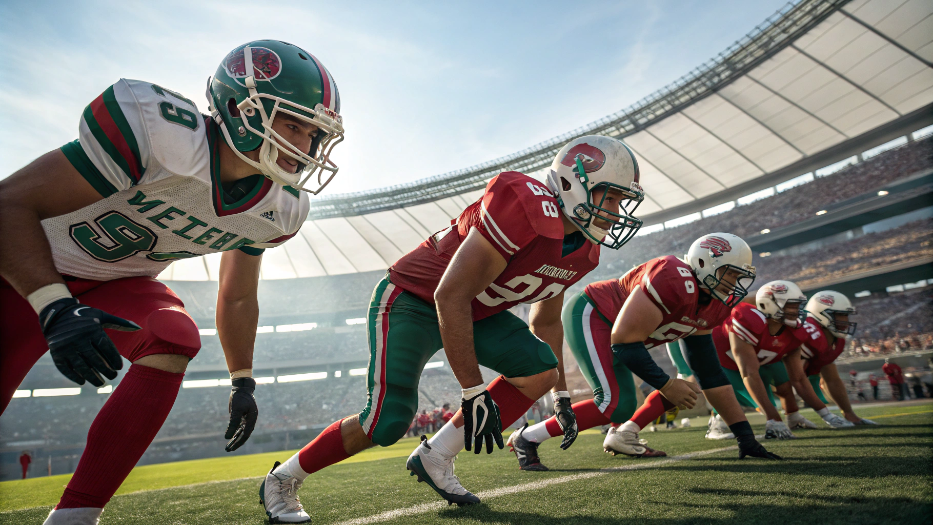 AI generated image by Red Panda AI: generate a mexican team of american fooball players in a match with another team in the middle of the stadium, full body, hyper realistic, photographic, canon eos, dlsr, 4k