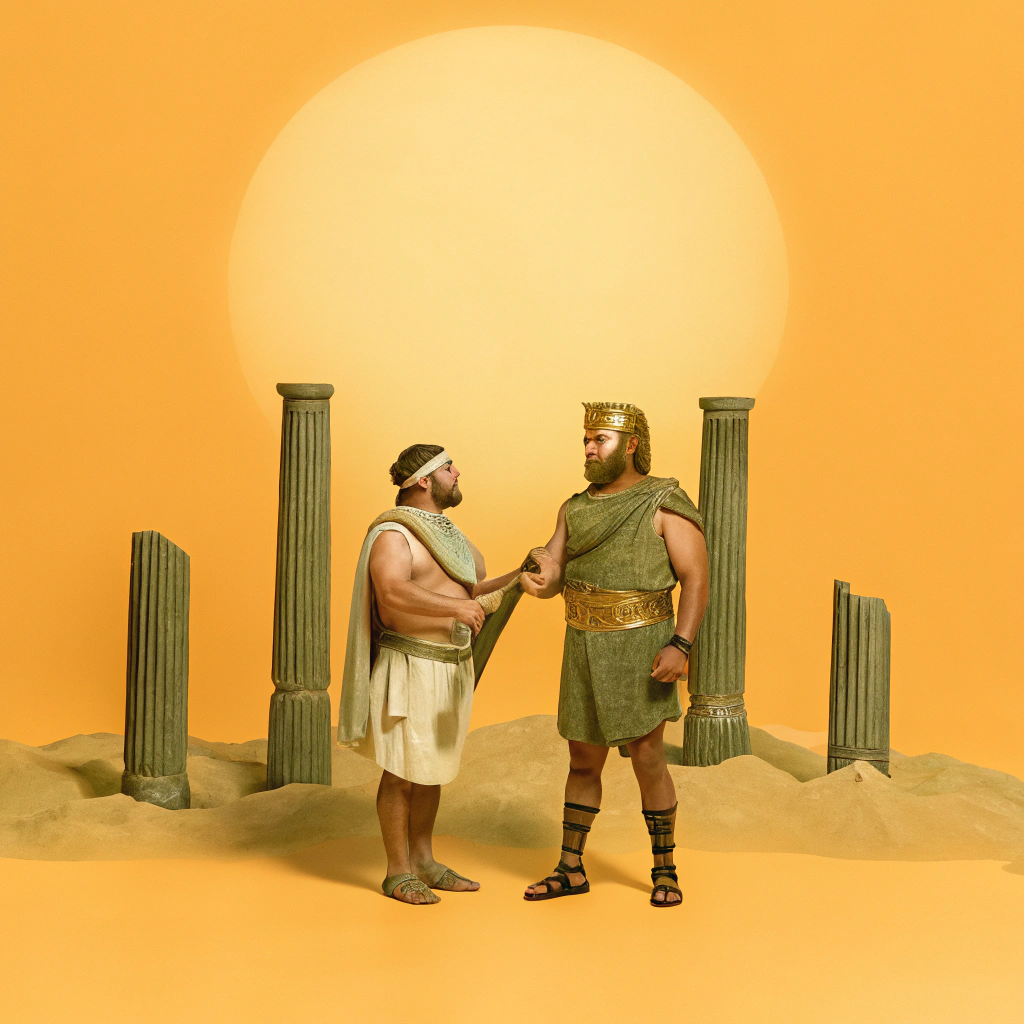 AI generated image by Red Panda AI: On a theatre stage, four characters talk to each other: a Greek philosopher, a Roman gladiator, an Egyptian pharaoh and the mythological character Cyclops (a one-eyed giant).
