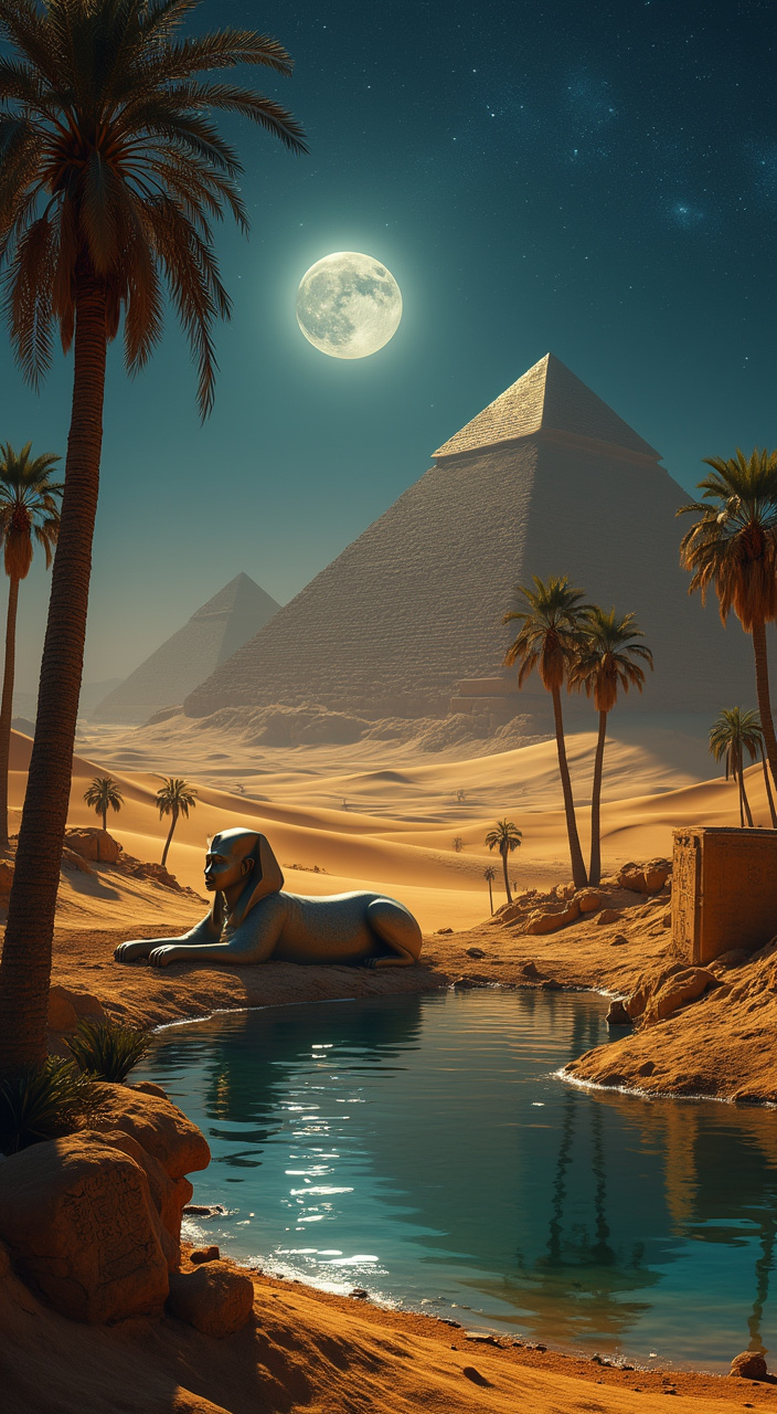 AI generated image by FLUX.1-pro: A mystical ancient Egyptian desert at twilight, where golden sand dunes stretch out beneath a shimmering indigo sky. Massive stone pyramids rise in the distance, their surfaces glinting faintly under the light of a full moon. Palm trees border a small oasis, their reflections casting strange, elongated shapes across the still water. Near the oasis, a half-buried statue of a sphinx lies partly obscured by sand, its weathered stone glowing with an eerie luminescence. Hieroglyphs on nearby stones faintly shimmer, as if alive with ancient magic, and ethereal wisps of light dance in the air, illuminating the scene with a sense of wonder and mystery.