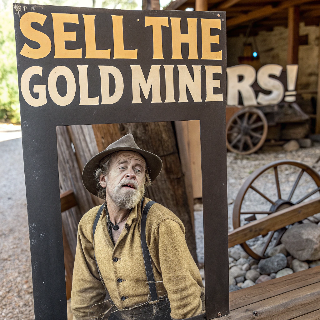 AI generated image by Red Panda AI: "SELL the Gold Miners!" on a wanted poster of a gold miner, 1849 gold miners scared