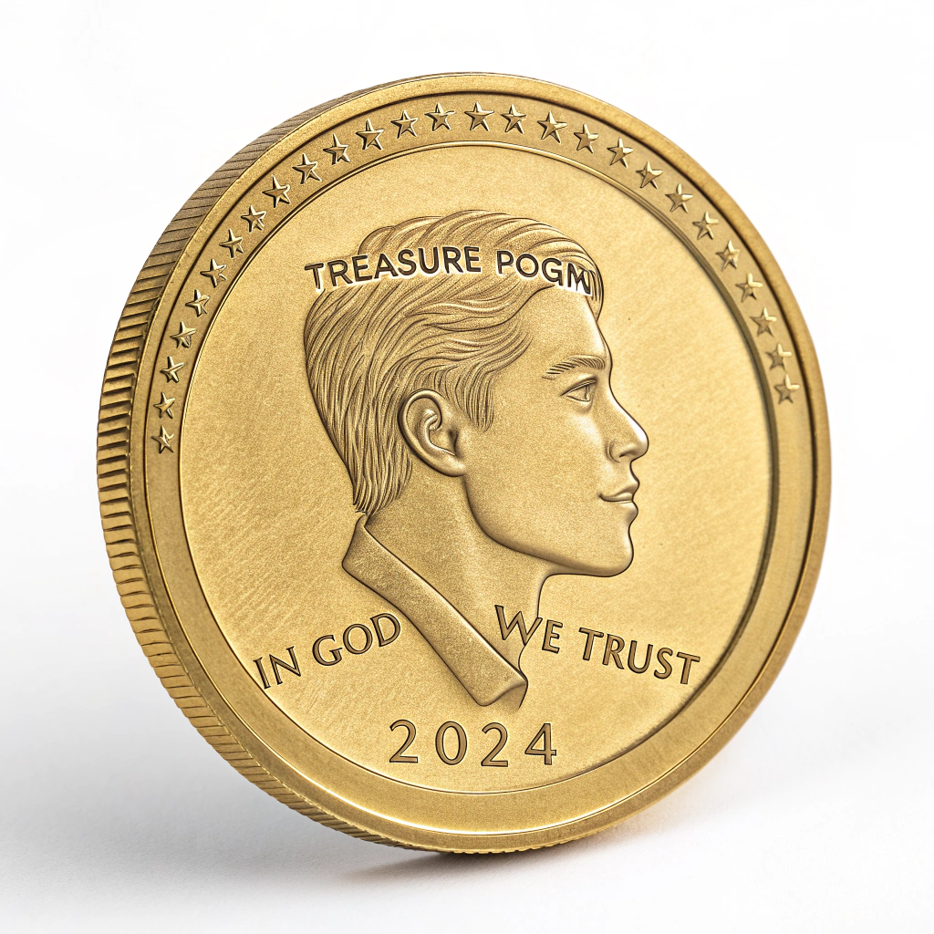 AI generated image by Red Panda AI: Gold coin with TREASURE POEM arching around the top of the gold coin. In the center of the gold coin a head shot showing a side view of a young man on the gold coin. Near the bottom left side the words IN GOD and to the right side of IN GOD the words WE TRUST and below IN GOD WE TRUST the year 2024 arching around the bottom of the gold coin. 
