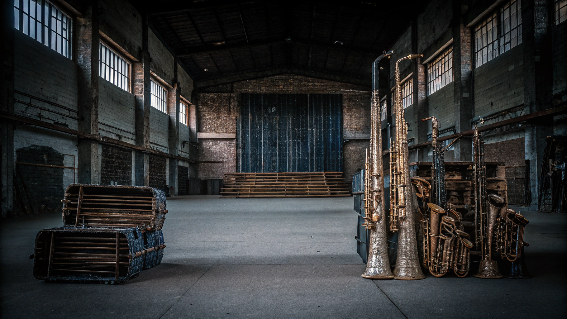 AI generated image by Red Panda AI: The exhibition hall is placed with Musical Instruments made of garbage, simple, spacious space, panoramic view, wide-angle lens.