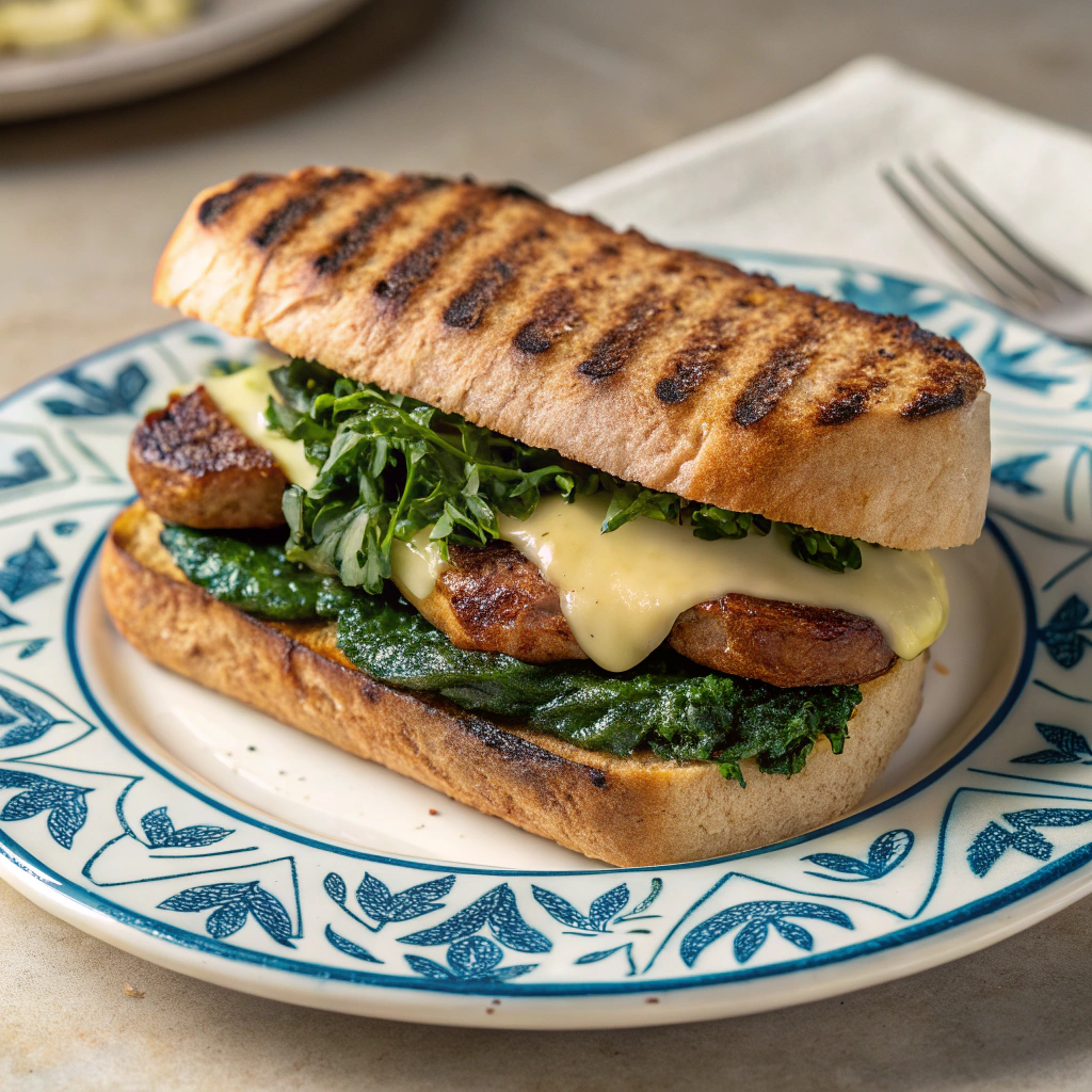 AI generated image by Red Panda AI: A gourmet-style photo of a toasted vegan sandwich made with charred focaccia bread, melted plant-based cheese, sautéed friarielli (Neapolitan-style broccoli rabe), and vegan sausage. The sandwich is plated on an elegant Mediterranean ceramic plate with blue decorative patterns. Natural lighting enhances the textures of the crispy bread, creamy melted vegan cheese, and the vibrant green friarielli. The presentation is sophisticated, suitable for a plant-based fine dining experience. Aísla el panuozzo
 