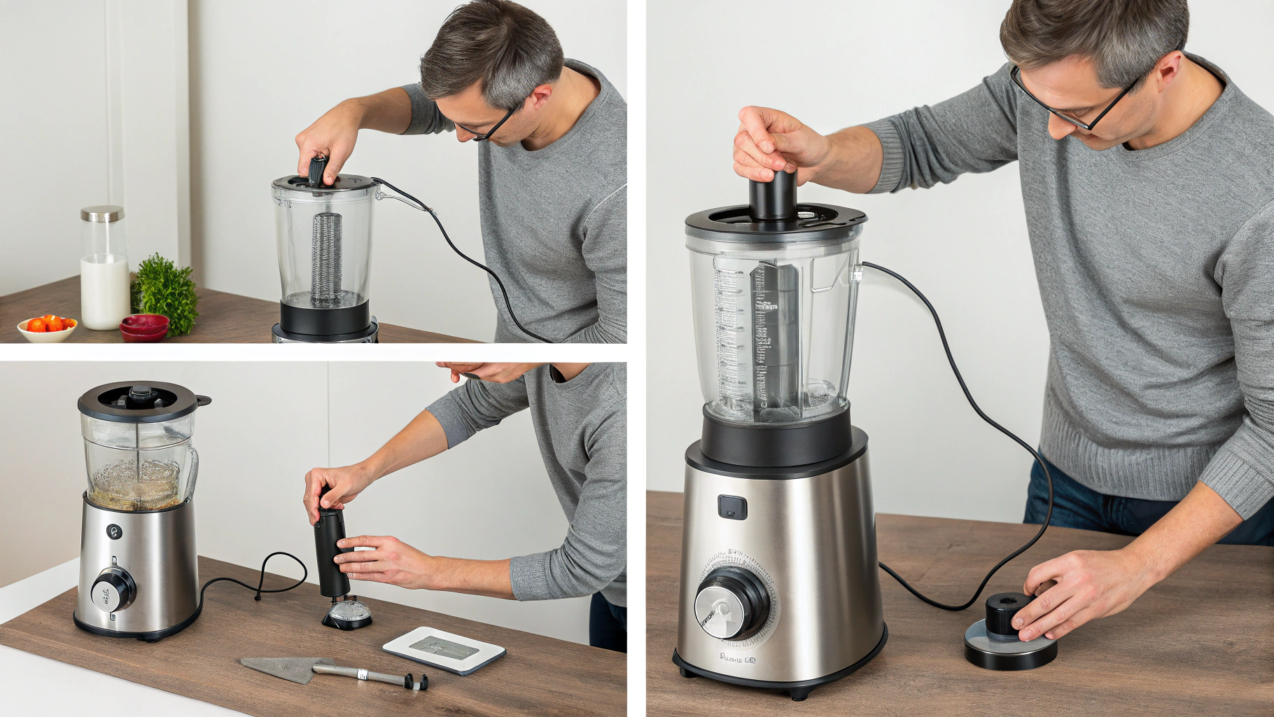 AI generated image by Red Panda AI: Create a sequence of FIVE images illustrating the process of assembling a household blender. The images should not contain any text. Each step must be depicted clearly, with a focus on the action being performed. Include a person performing the steps where feasible, otherwise highlight the object itself in action.

1. A person verifying that the blender base is unplugged from an electrical outlet.
2. The person ensuring that the blender's control knob is set to the 'OFF' position.
3. The person placing the assembled blender jar onto the base, aligning the jar's handle to the right side.
4. The person gripping the blender jar handle and rotating it to the left until it locks securely into place.
5. The person plugging the blender's power cord into an electrical outlet.