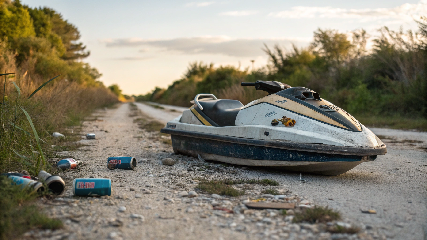 AI generated image by Red Panda AI: Jet Ski dumped on a gravel road,
No engine, no key, no name to be told.
Beer cans scattered in the weeds,