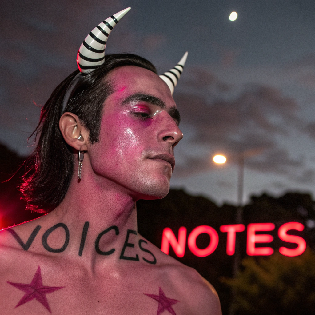 AI generated image by Red Panda AI: The face of a male succubus, his eyes scribbled over with black ink to block vision. His skin a magenta hue with black hair styled in a clean mullet, including a pair of black and white horns with magenta crooked-line patterns protruding from his head. The background a gloomy yet fascinating night sky with red and magenta stars that shine brightly, magenta and red crooked-lines form a circle from the edges of the background and around the succubus’ face. Also bold red words in a death metal font that say: VOICENOTES