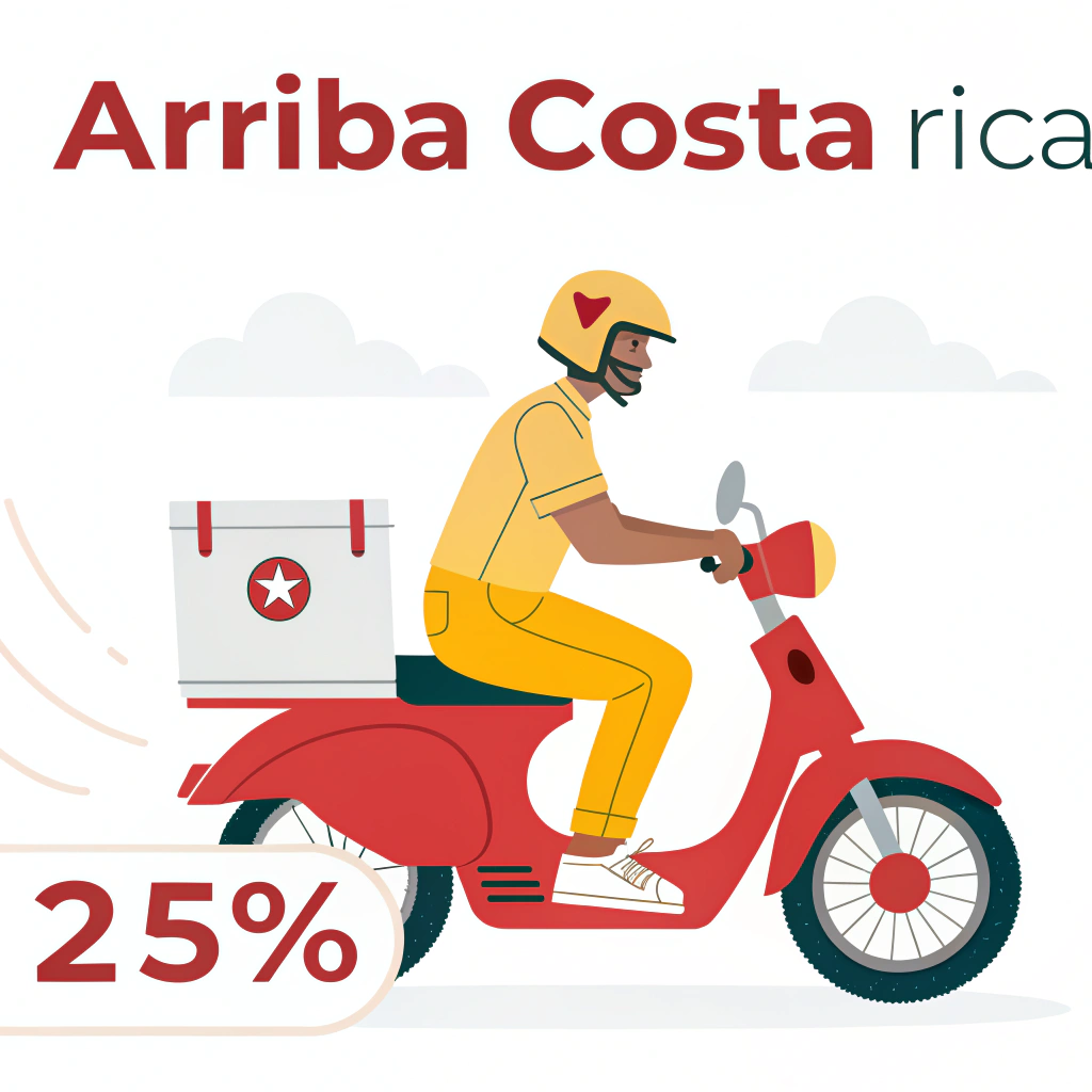 AI generated image by Red Panda AI: Quiero que diga arriba (a todo Costa Rica) y abajo en un 25 porciento a la izquierda una moto con caja repartidora blanca con un circulo amarillo en el centro con una botella roja, moto roja y llantas tambien rojas con el conductor amarillo de sapatos, pantalon, camisa y casco amarillos