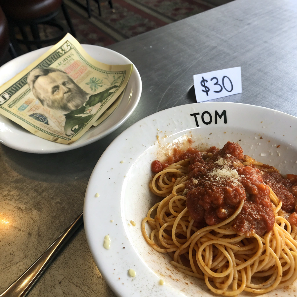 AI generated image by Red Panda AI: There is a plate of steaming spaghetti on the table, and next to it is a paper bill showing a $30 bill, signed by Tom, from a top-down perspective.