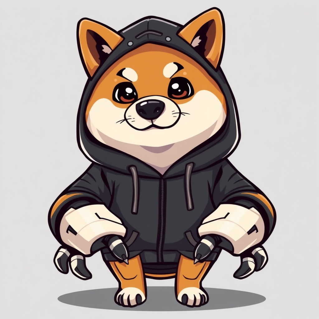 AI generated image by FLUX.1-schnell: 2d cartoon style image of Shiba Inu dog in a black hoodie with robot paws