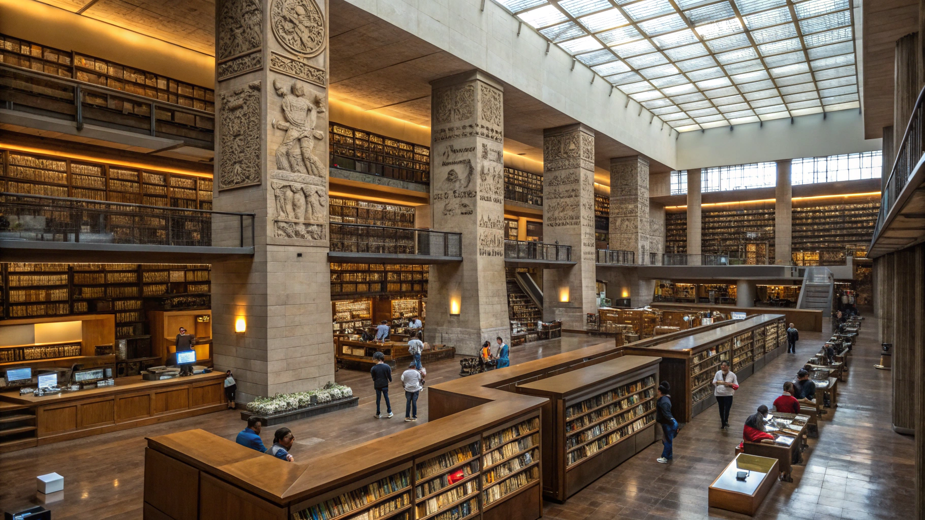 AI generated image by Red Panda AI: A grand futuristic library in a modern Tenochtitlán where Aztec culture remains alive. Carved stone bookshelves with pre-Hispanic engravings hold ancient codices, illuminated by a soft glow. Beside them, advanced computers with polished obsidian screens display texts in Nahuatl and digital glyphs. Students and scholars, wearing modern clothing inspired by Aztec textiles, work at carved wooden tables inlaid with jade, studying both physical codices and holographic screens. At the library’s center, a massive pyramid-shaped structure houses digital archives protected by floating golden symbols. The atmosphere is warm and mystical, with digital candles and serpent-shaped lamps casting ceremonial shadows on the walls with a Wide Shot
