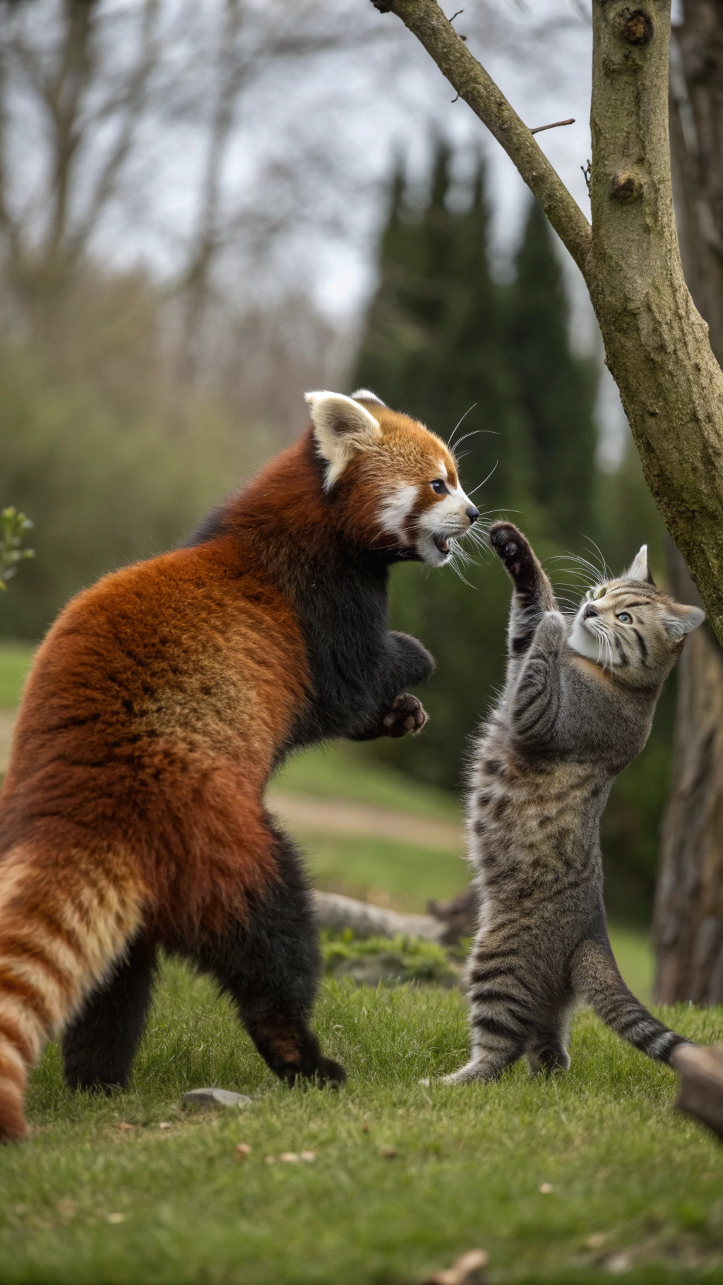 AI generated image by Red Panda AI: A red panda fighting with a cat
