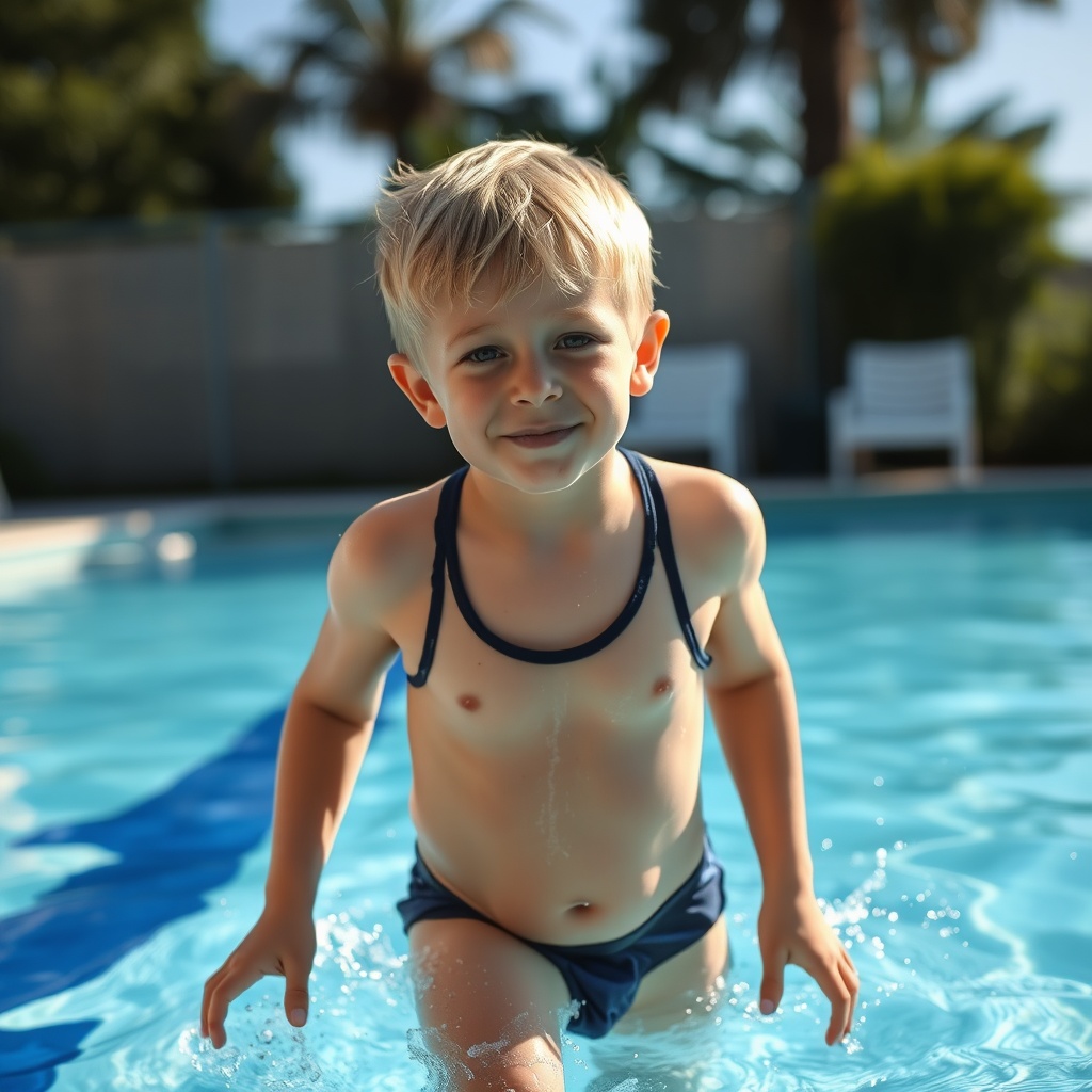 AI generated image by FLUX.1-schnell: 10 year old blond boy in a swimsuit coming outside the water at the pool