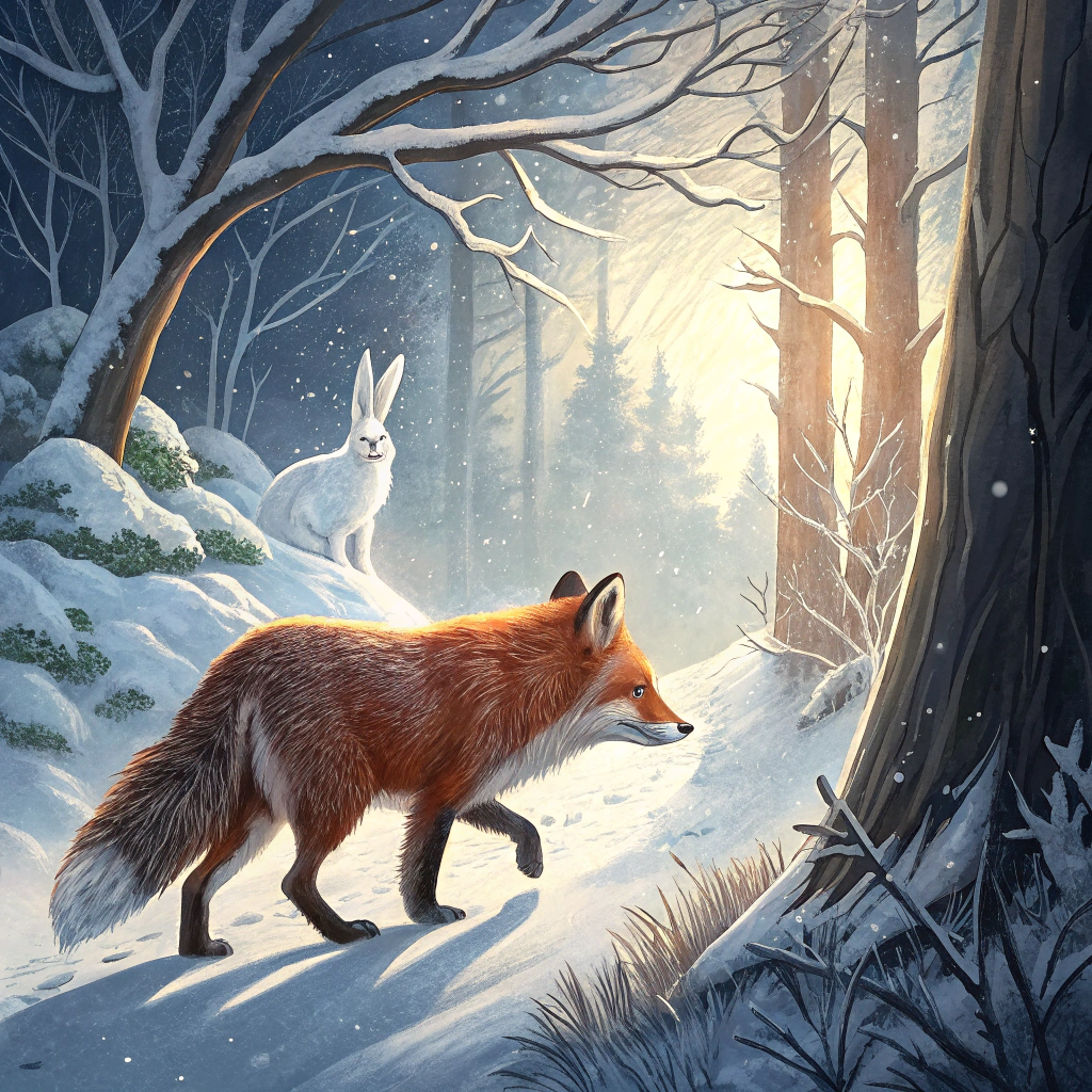 AI generated image by Red Panda AI: The red fox is hunting for the white hare in the winter forest, the bear is hiding behind the trees, the sun is shining through the branches covering with snow. 