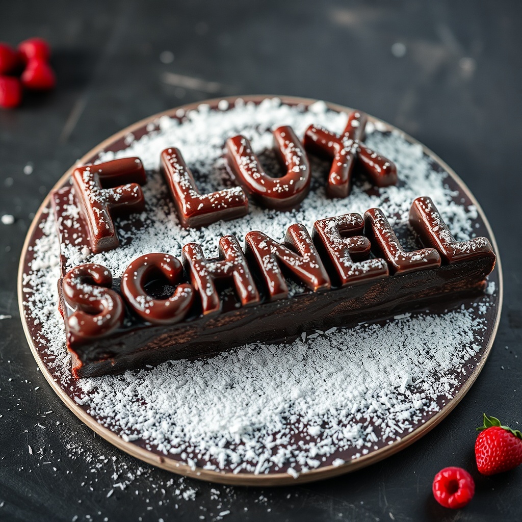 AI generated image by FLUX.1-schnell: black forest gateau cake spelling out the words "FLUX SCHNELL", tasty, food photography, dynamic shot