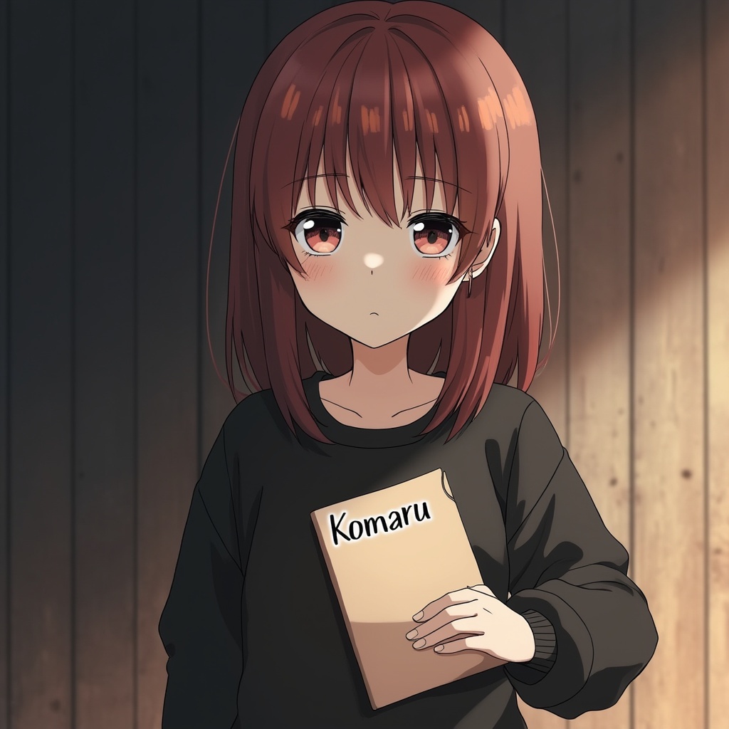 AI generated image by FLUX.1-pro: Нарисуй: : девушка предположительно 14 лет в аниме в стиле с темными волосами и карими глазами, довольно милую и миниатюрную, которая одета в черную футболку и ещё она держит бумажку с надписью komaru 