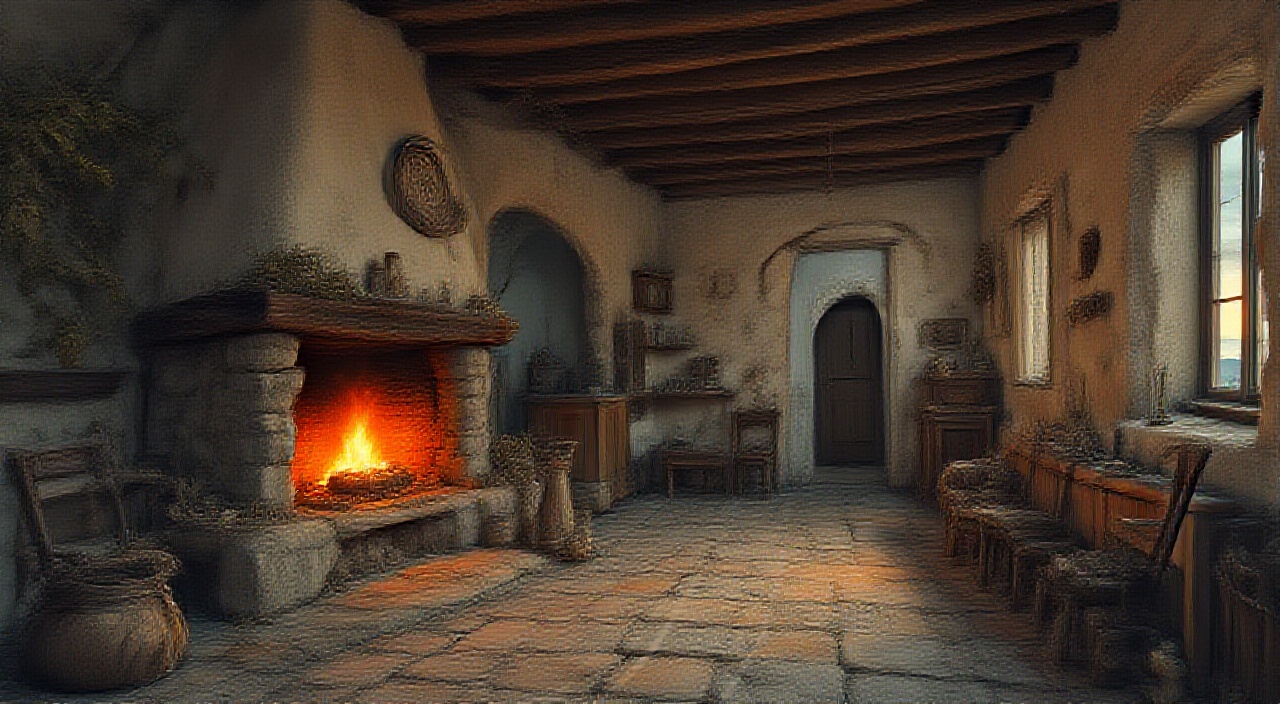 AI generated image by FLUX.1-pro: En un lugar de las Asturias de España. Sin tiempo. Planta baja de una casa de labranza que trasluce limpio bienestar. Sólida arquitectura de piedra encalada y maderas nobles. Al fondo
amplio portón y ventana sobre el campo. A la derecha arranque de escalera que conduce a las habitaciones altas, y en primer término del mismo lado salida al corral. A la izquierda,
entrada a la cocina, y en primer término la gran chimenea de leña ornada en lejas y vasares con lozas campesinas y el rebrillo rojo y ocre de los cobres. Apoyada en la pared del fondo una guadaña. Rústicos muebles de nogal y un viejo reloj de pared. Sobre el suelo, gruesas esteras de soga. Es de noche. Luz de quinqué.