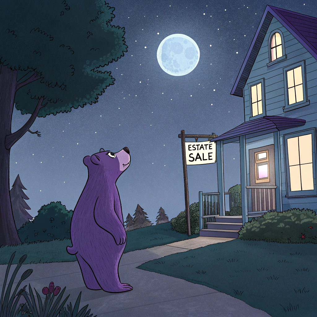 AI generated image by Red Panda AI: a purple bear looks up at a blue moon, the purple bear is standing outside a house from the 1920s in Nebraska, there is a sign that says "Estate Sale"