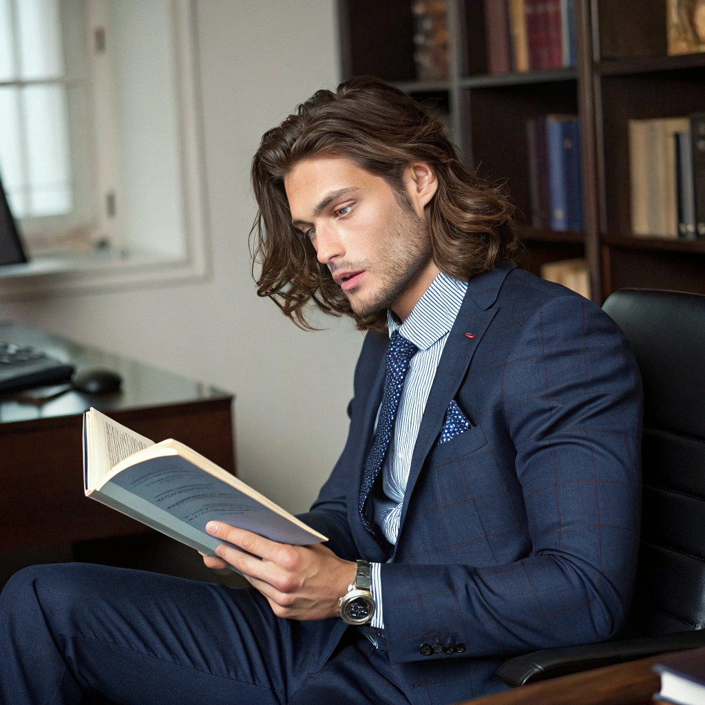 AI generated image by Red Panda AI:  joven apuesto de traje con el pelo largo castaño ondulado y con unos ojos celestes vestido de traje con un buen fisico sentado leyendo un libro en su oficina sin barba