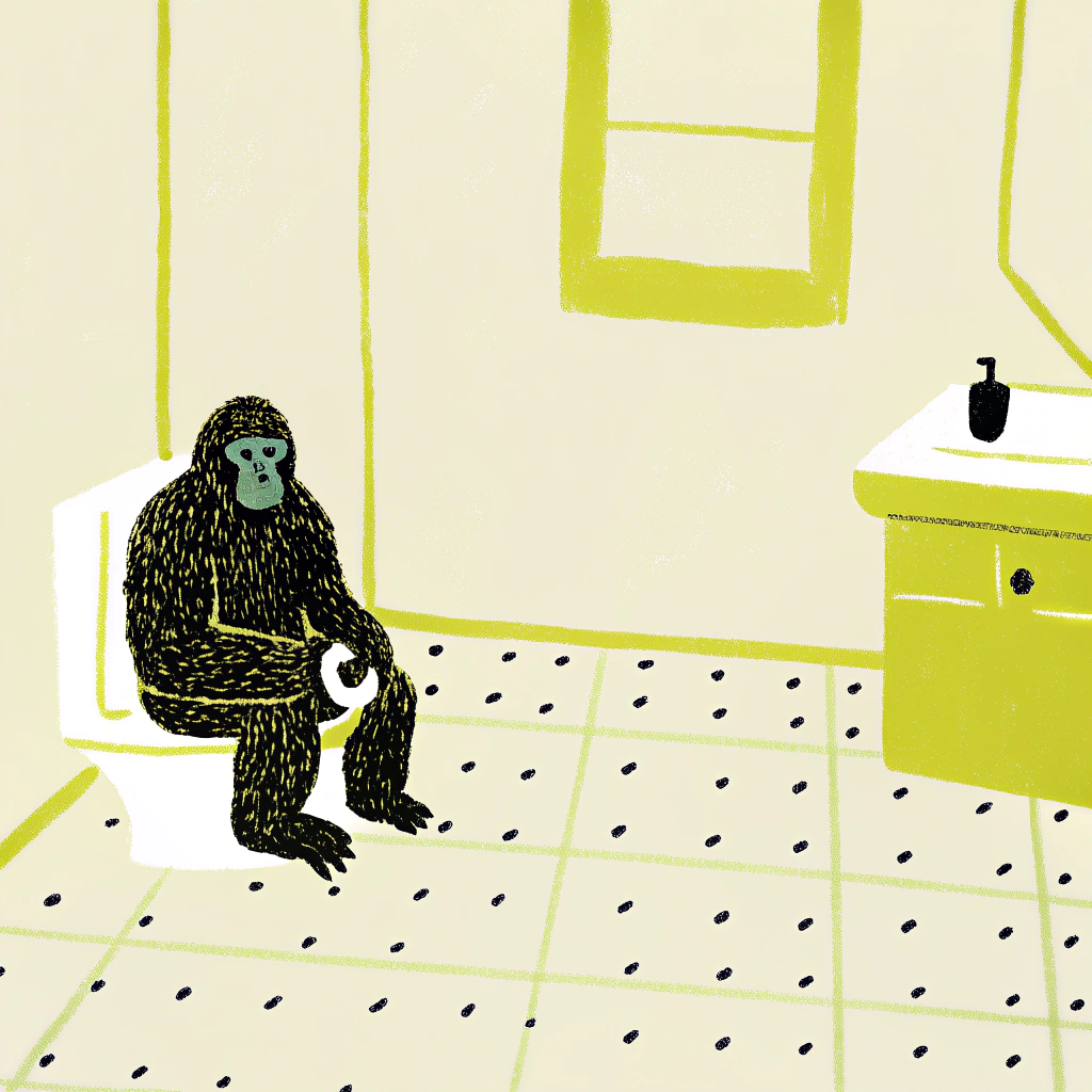 AI generated image by Red Panda AI: A minimalist Drawing charcoal illustration depicts a real silverback gorilla sitting calmly on a sleek white toilet seat In a modern bathroom with a vanity unit in light wood tones and a black countertop sink. The room is made up of a walk-in shower and a window on the right bringing in natural light. The wall is terrazo and the floor tiles are light gray
The gorilla is holding a roll of toilet paper with a grin on its face wearing headphones. Bright lights and soft pastel accents from plants enhance the serene atmosphere. Inspired by the vibrant colors of Paul Gauguin and the flowing lines of Henri Matisse, this piece captures both a playful and elegant mood."