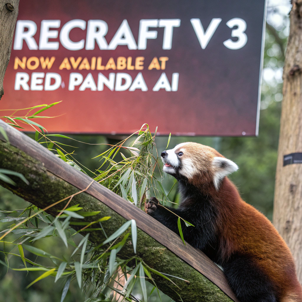 AI generated image by Red Panda AI: a red panda eating a bamboo in front of a poster that says "recraft V3 now available at red panda ai