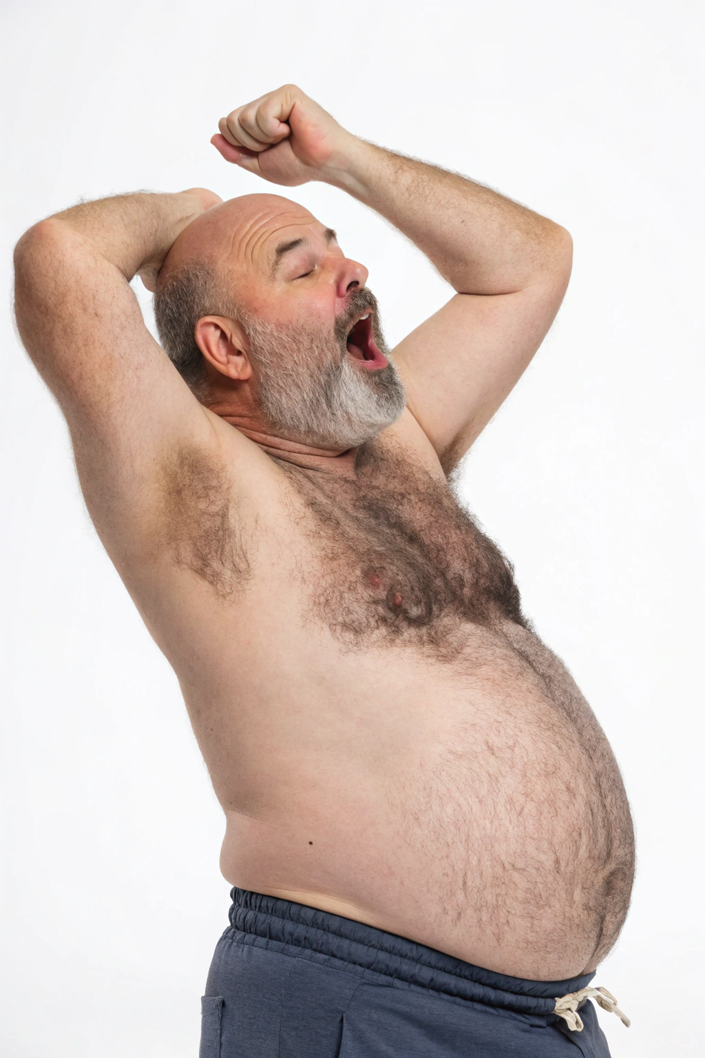 AI generated image by Red Panda AI: a studio shot of a bulky and slightly overweight 50 year old hirsute dad stretching and yawning. Man has heavy amount of body hair, hairy chest pattern, expanding his bloated heavy bearded-belly, bald head, brown and white beard