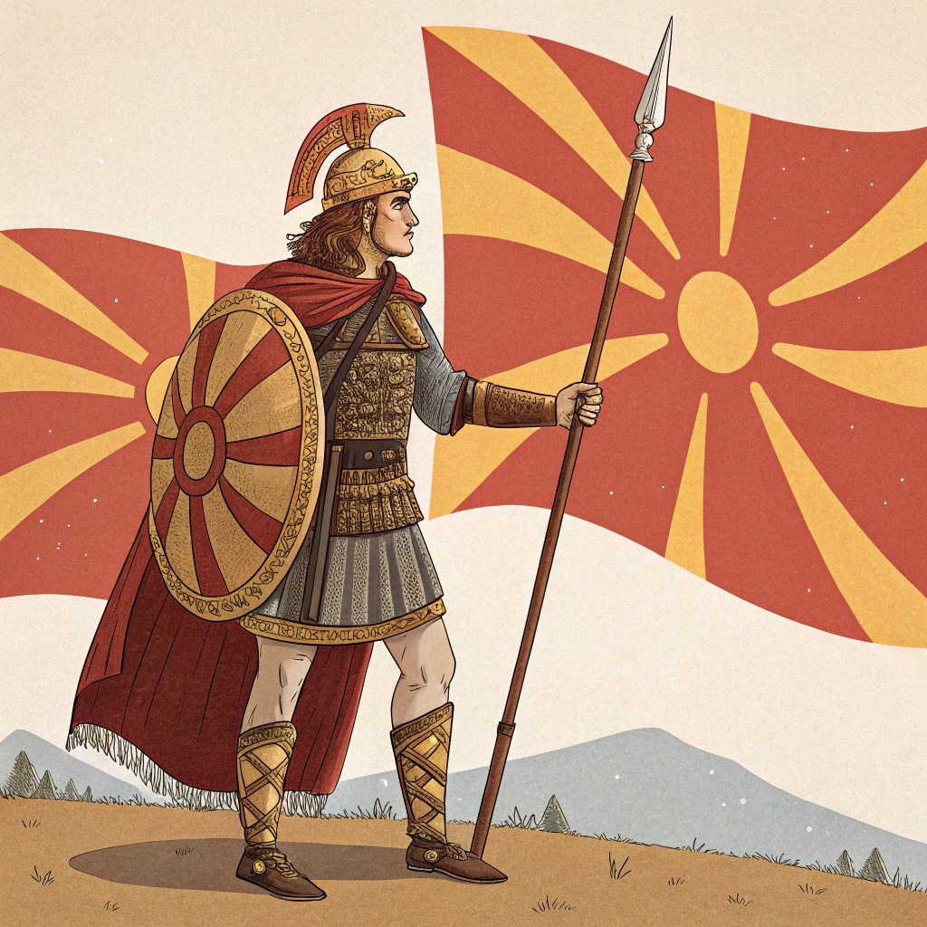 AI generated image by Red Panda AI: генерирај слика од александар македонски со знамето на македонија