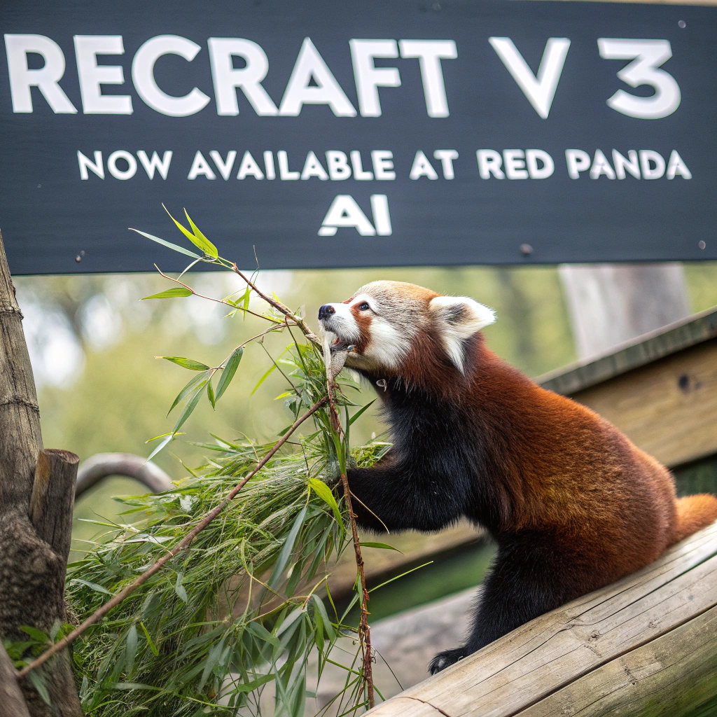 AI generated image by Red Panda AI: a red panda eating a bamboo in front of a poster that says "recraft V3 now available at red panda ai