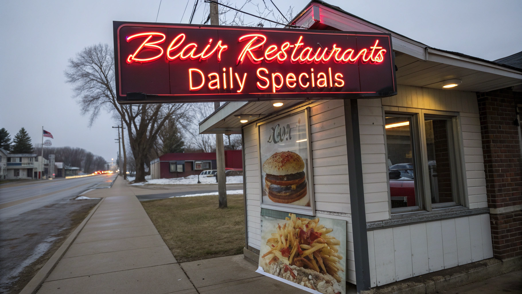 AI generated image by Red Panda AI: menu-inspired neon sign reads "Blair Restaurants Daily Specials", burger and fries.  Soda and salad.  Small town blair, nebraska 

