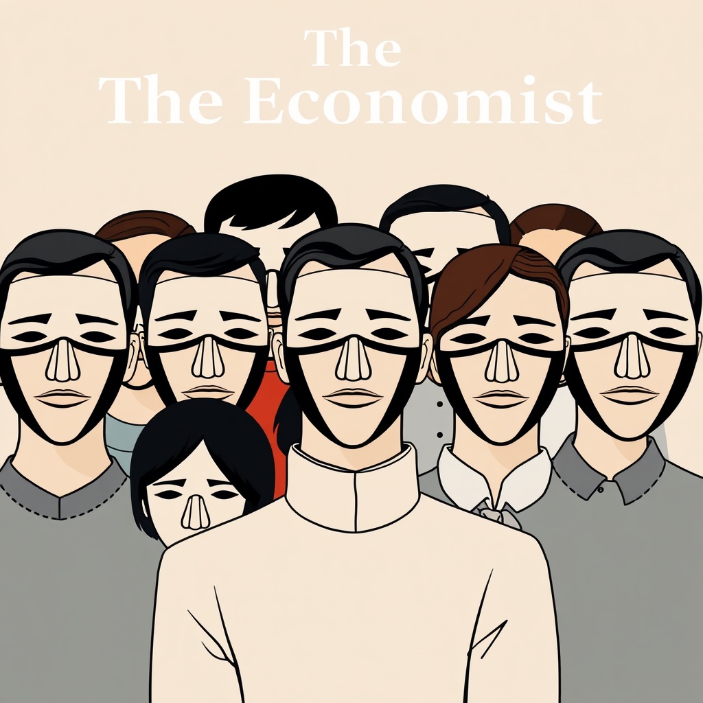 AI generated image by FLUX.1-schnell: Create an illustration in the style of The Economist magazine cover. The image should depict a group of people wearing theatrical face masks, symbolizing how actors' masks conceal their true identities and emotions. The style should be clean, minimalist, and editorial, using bold lines and a limited color palette typical of The Economist. The facial expressions behind the masks should be ambiguous or partially hidden, emphasizing the theme of concealment and anonymity in modern society. The background should be simple, focusing attention on the masked faces.