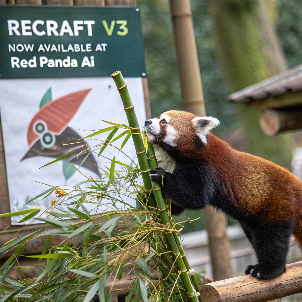 AI generated image by Red Panda AI: a red panda eating a bamboo in front of a poster that says "recraft V3 now available at red panda ai