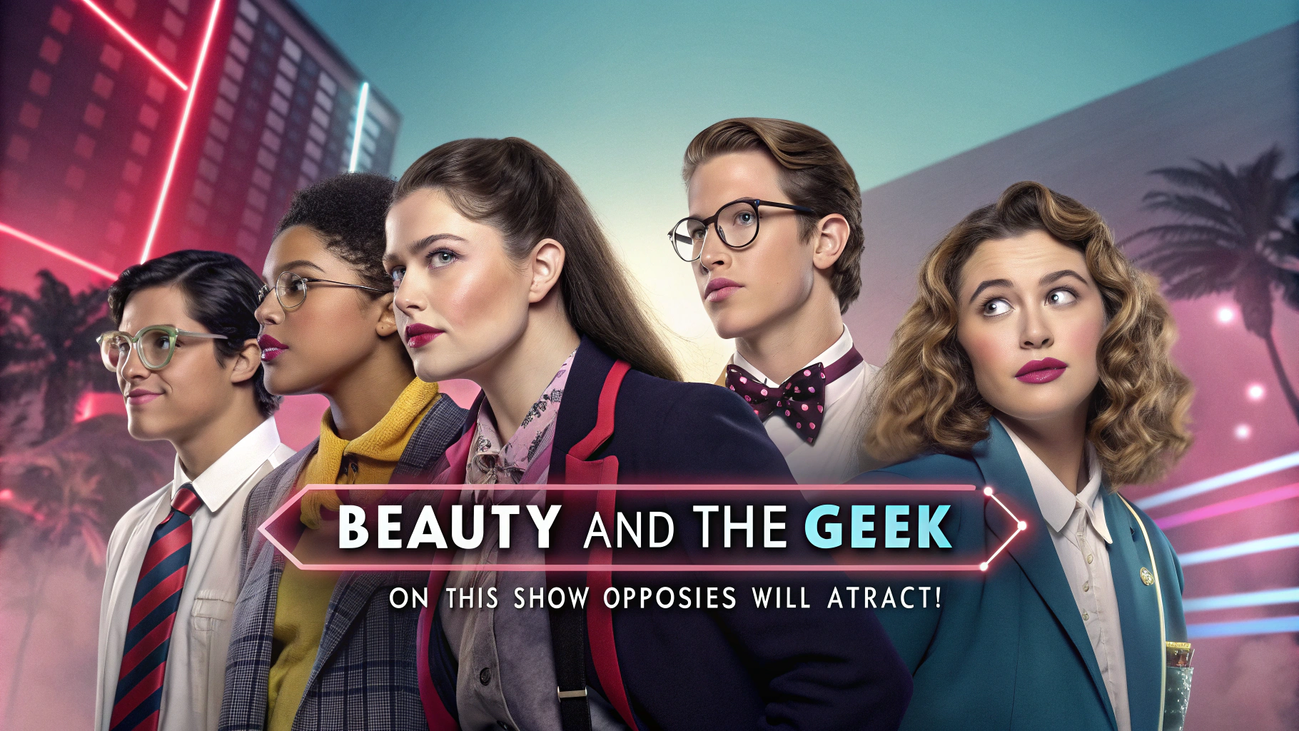 AI generated image by FLUX.1-schnell: keyart for a new fox show called Beauty and the Geek
A modern, edgy key art design for Beauty and the Geek. The image shows a mixed-gender lineup of 10 Beauties and 10 Geeks, each in distinct yet unified, stylish uniforms (Beauties in bold, trendy attire and Geeks in polished, quirky outfits). They stand side by side with contrasting expressions—some confident, others slightly nervous—capturing their personalities. The background hints at a vibrant, retro-futuristic setting with neon accents and soft lighting, blending pop culture and contemporary romance. Tagline: On this show opposites will attract! 
