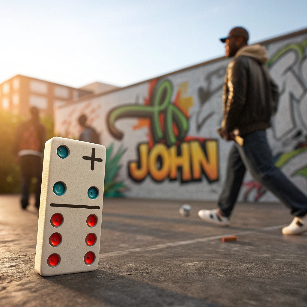 AI generated image by Red Panda AI: Crie uma imagem de uma peça de dominó fundo desfocado com elementos do hip hop, arte em grafite com texto "+1John" na parede