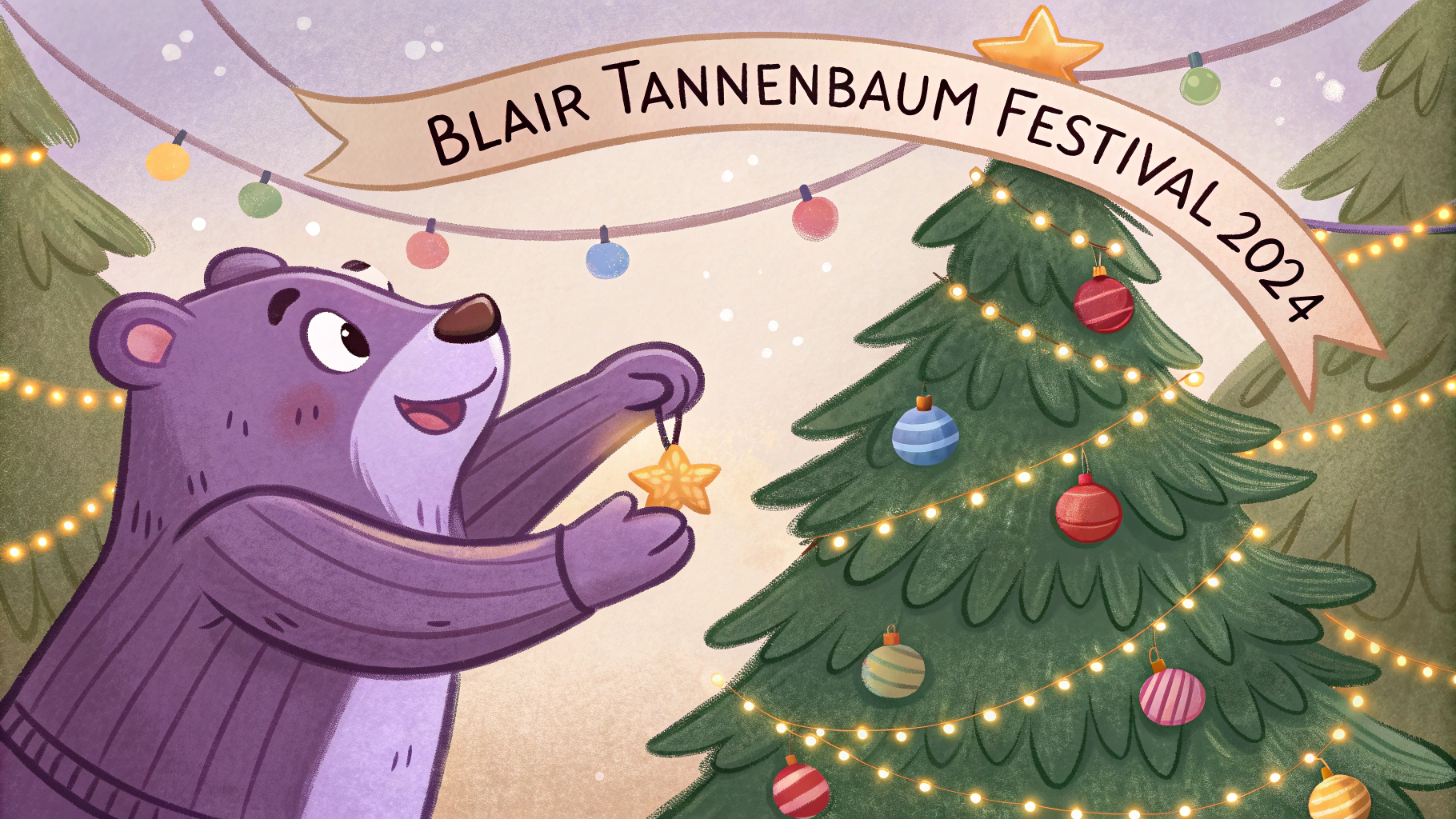 AI generated image by Red Panda AI: purple bear puts an ornament on a christmas tree, there is a banner that reads "Blair Tannenbaum Festival 2024".