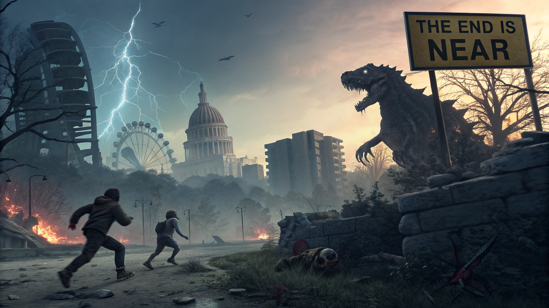 AI generated image by Red Panda AI: Maximum fear, cities in ruin, disaster, panic, iconic, scary, spooky, giant monsters, panic, people scared running in terror, a sign says "The End is Near"