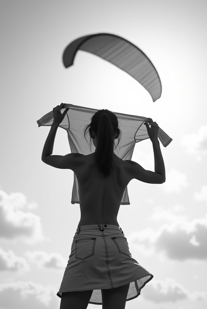 AI generated image by FLUX.1: Black and white photo of young bare back woman in skirt from behind holding her t-shirt in her hands above. a paraglider flying above her. Sky background. Backlight