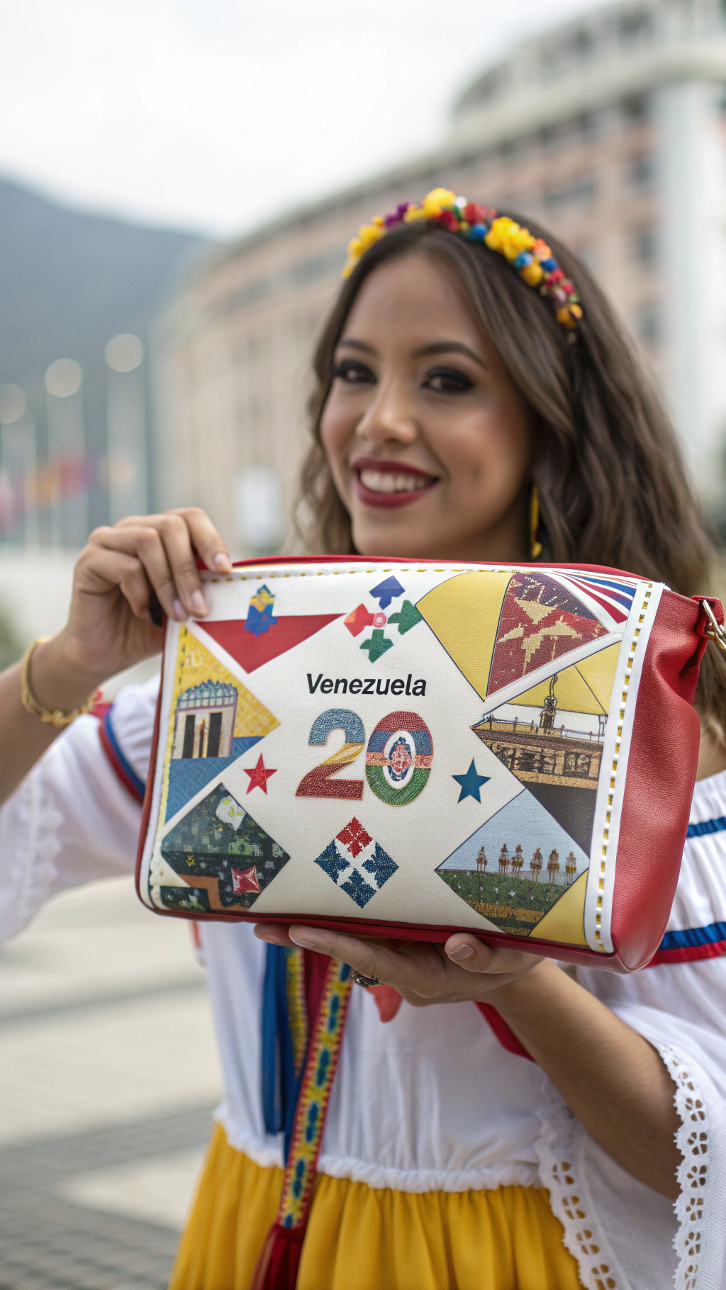 AI generated image by Red Panda AI: Create a 3D image of a Venezuelan woman holding a cosmetic bag with images of Venezuela with geometric shapes, colors and numbers.