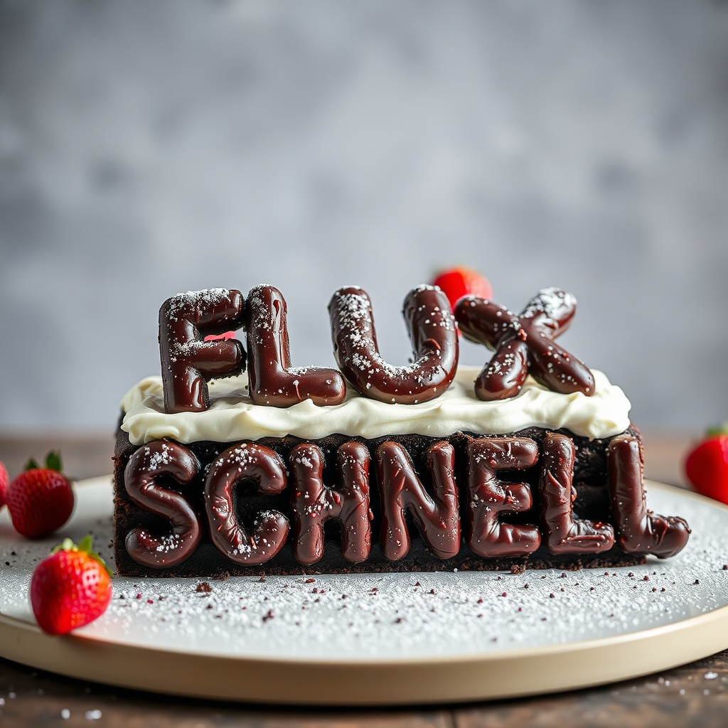 AI generated image by FLUX.1-schnell: black forest gateau cake spelling out the words "FLUX SCHNELL", tasty, food photography, dynamic shot