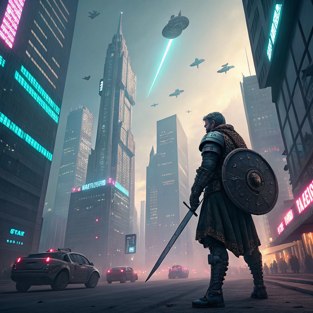 AI generated image by Red Panda AI: soldado medieval en ciudad futurista