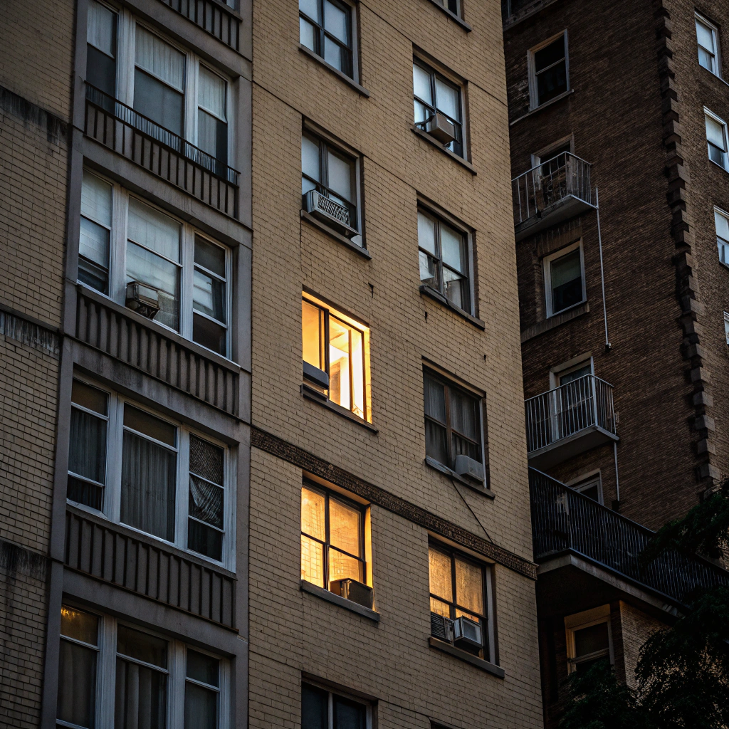 AI generated image by Red Panda AI: Building from side with one light turned on in one apartment