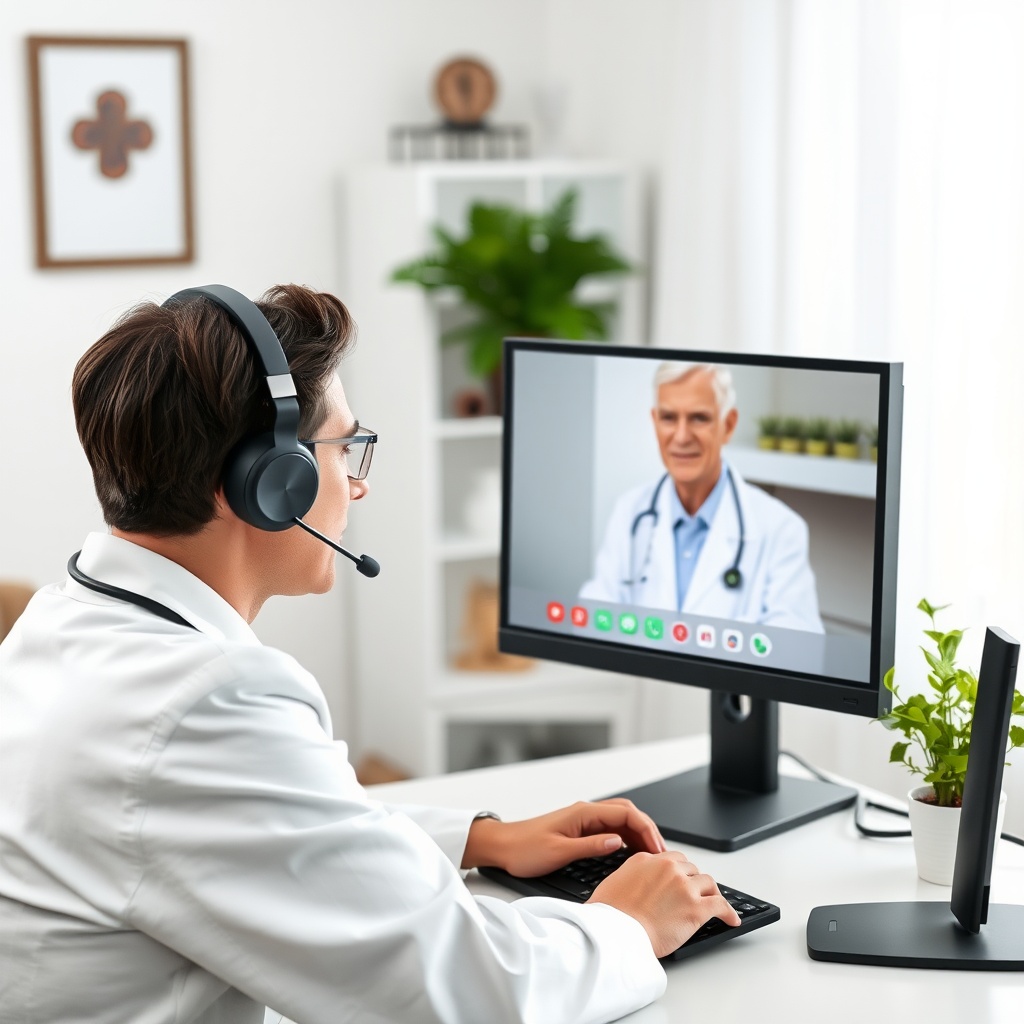 AI generated image by FLUX.1-schnell: telemedicine doctor appointment, patient at home. the doctor communicates through a headset on a PC, dressed in a white coat, the doctor is watching the monitor, only 1 doctor
