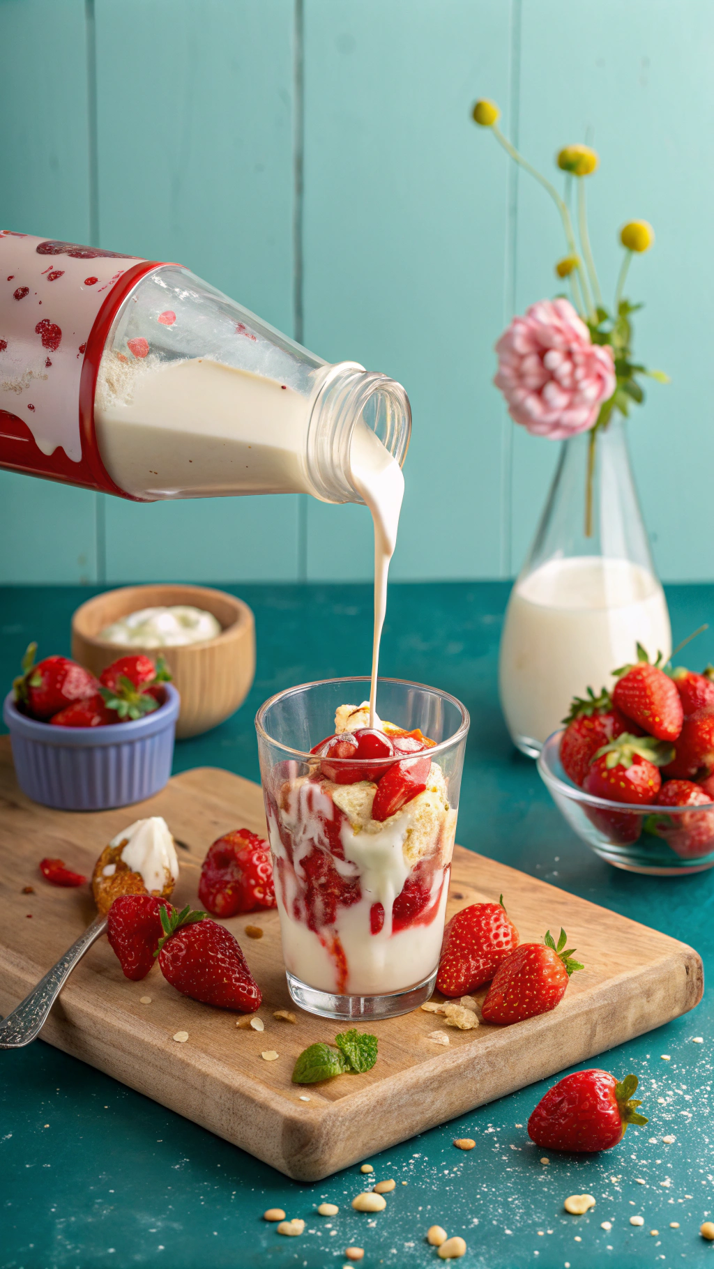 AI generated image by Red Panda AI: 
bottle of condensed milk spilling over a glass of strawberries with cream, vibrant color background, realistic image