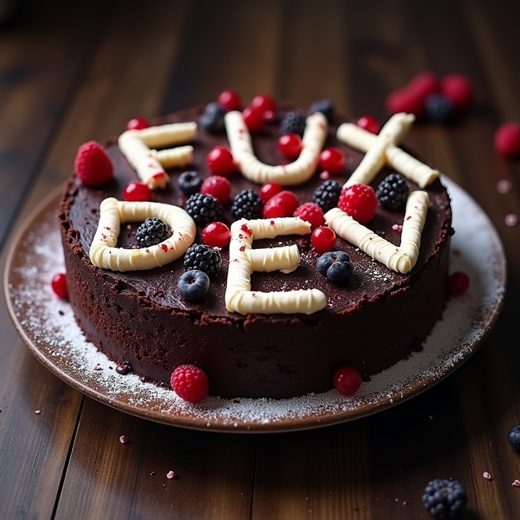 AI generated image by FLUX.1: black forest gateau cake spelling out the words "FLUX DEV", tasty, food photography, dynamic shot