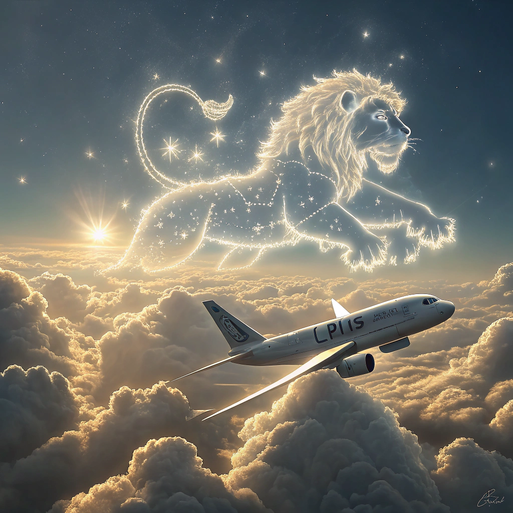 AI generated image by Red Panda AI: 飛機飛過，雲朵是獅子座的圖案
