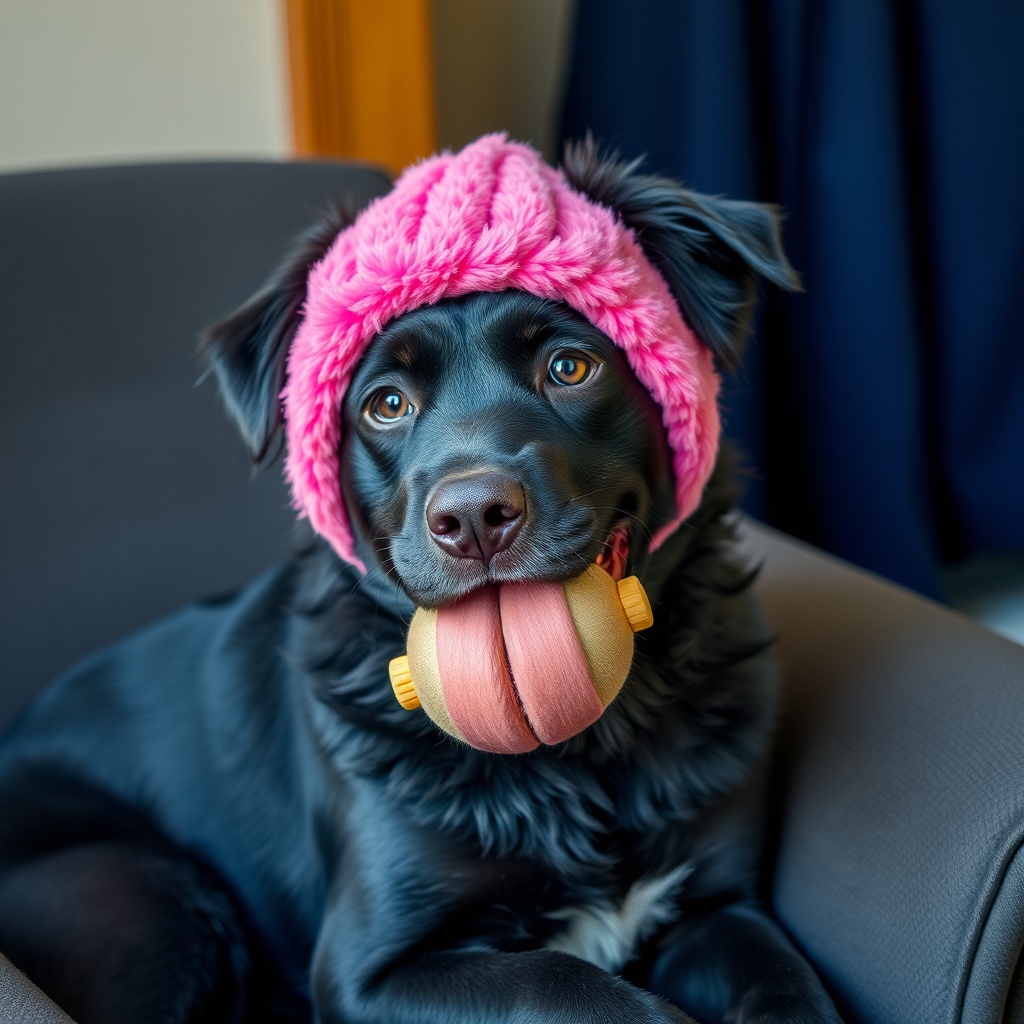 AI generated image by FLUX.1-schnell: Ein dunkelblauer Hund der einen regenbogenfarbenen Knochen im Mund hat und eine rosa Schleife hat. Er sitzt auf einem Stuhl