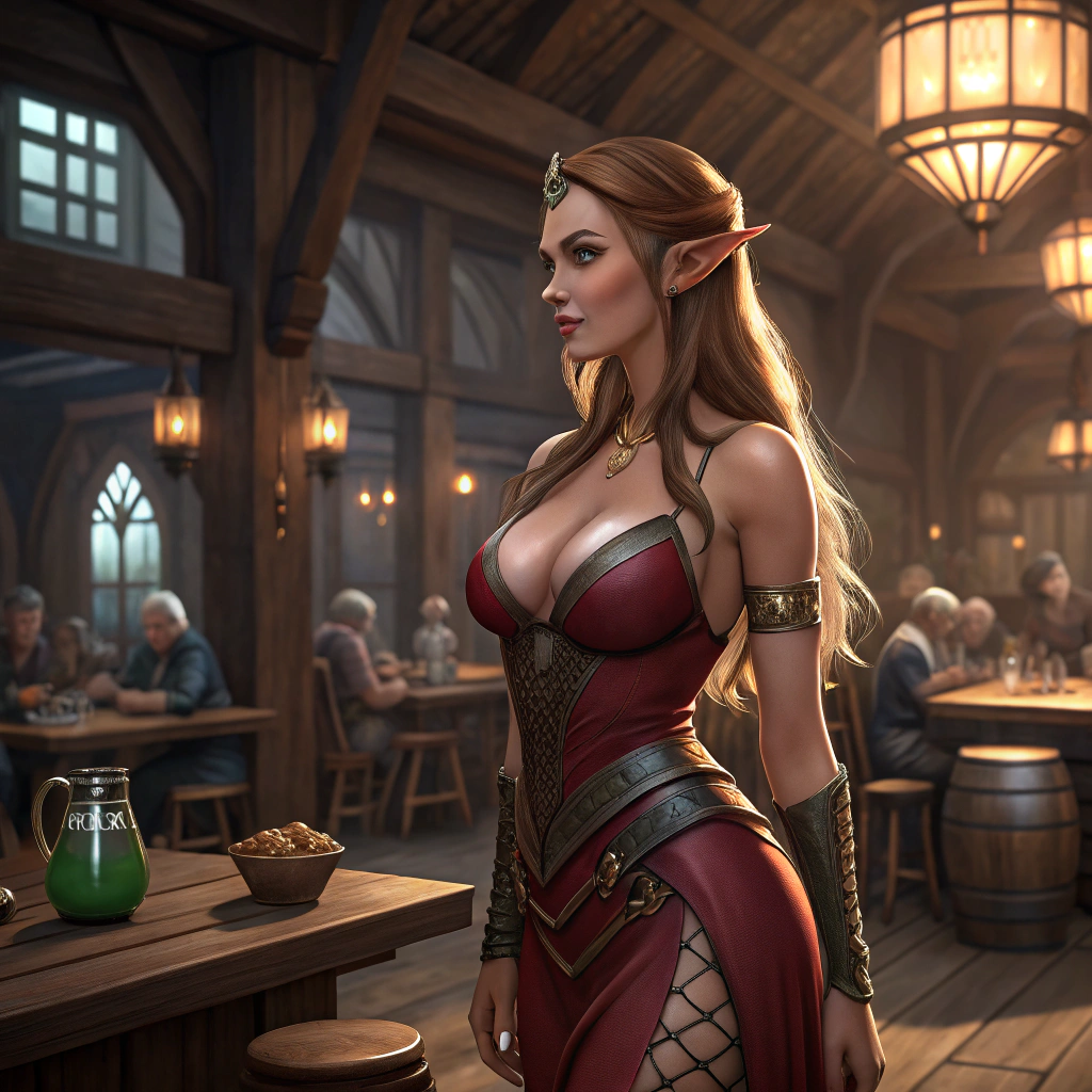 AI generated image by Red Panda AI: Uan elfa de tetas grandes con ropa medieval sexy en una taberna 