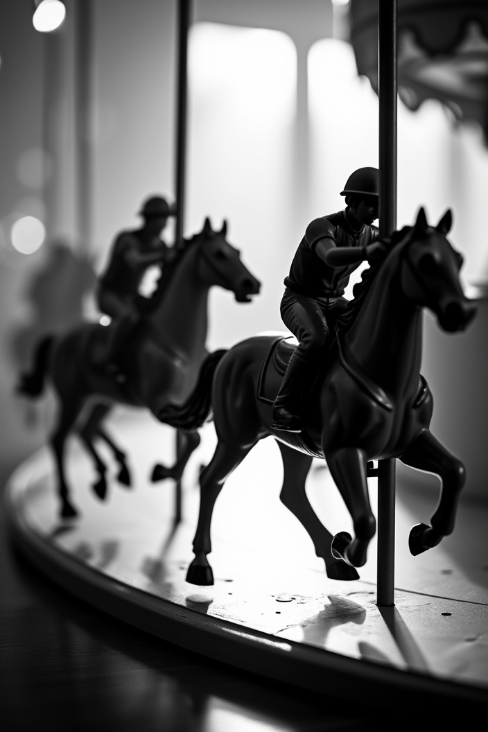 AI generated image by FLUX.1-pro: A closeup black and white silhouette photo of real racing jockeys riding carousel plastic horses. The race contest is very intense and dramatic. Depth of field. Motion blur. Backlight 