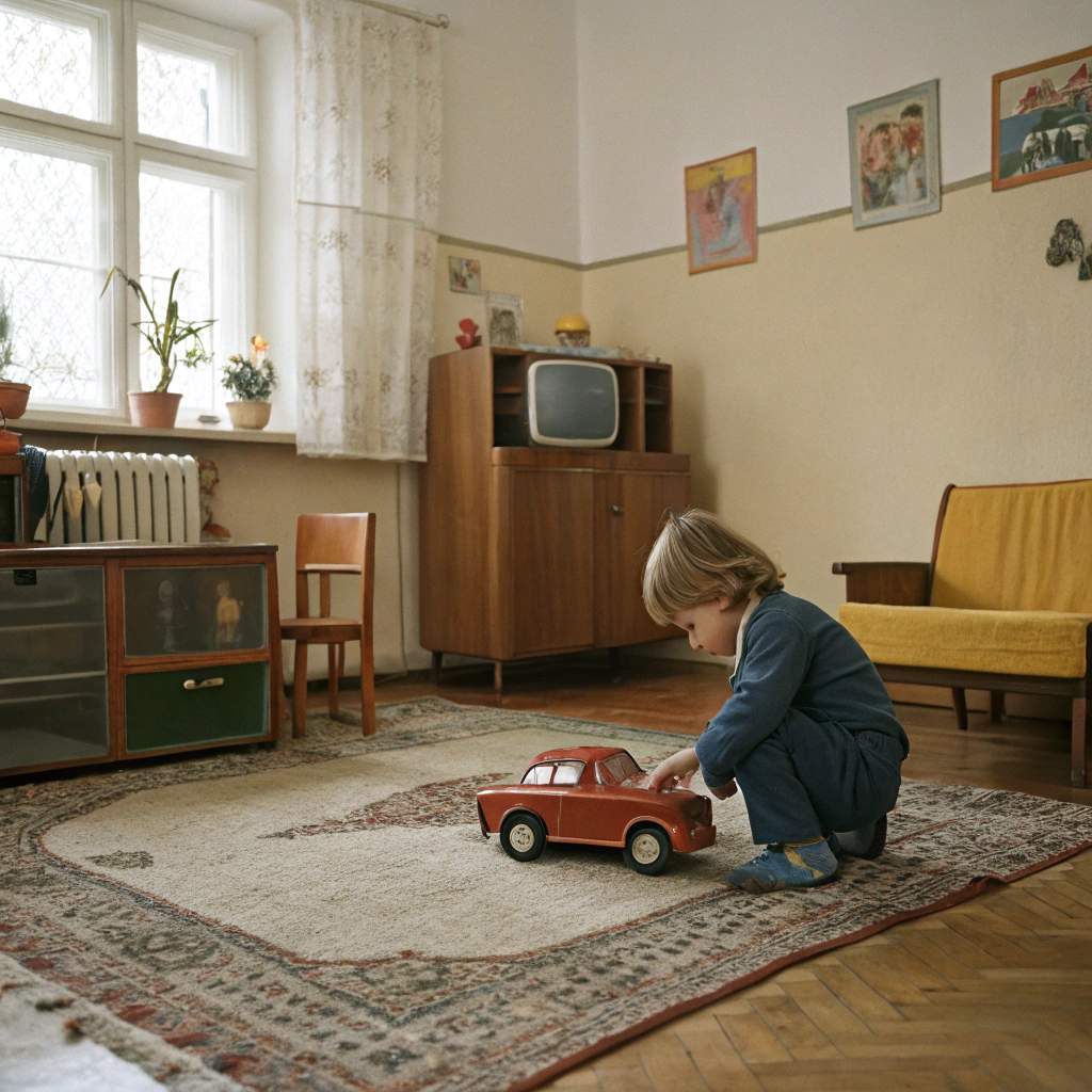 AI generated image by Red Panda AI: Kid playing fireteam car on whool carpet in Soviet Union time
