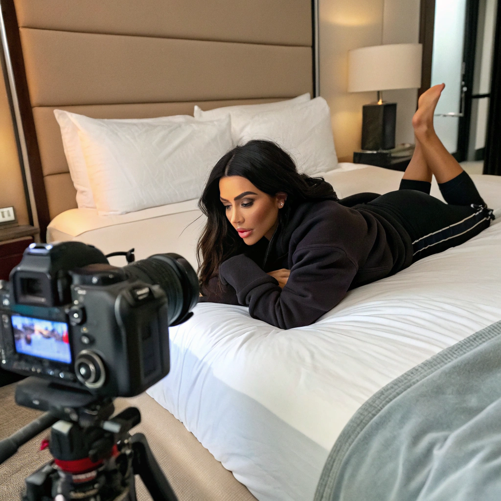 AI generated image by FLUX.1-schnell: Using the Nikon D850 and SIRUI Night Walker T1.2 cine lens, capture a view from the front of Kim Kardashian laying on a bed, right in front of us. We can see the soles of her feet.