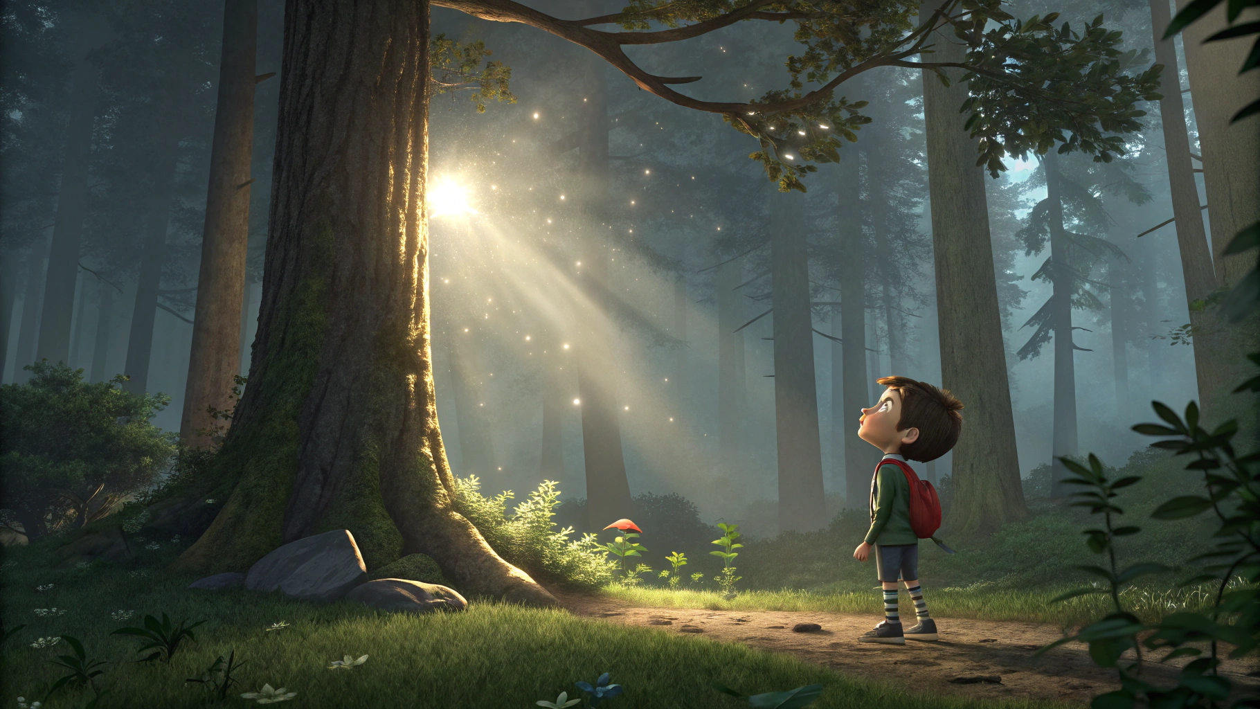 AI generated image by Red Panda AI: a boy amazed because he sees a bright light in a tree in a forest in 3d cartoon