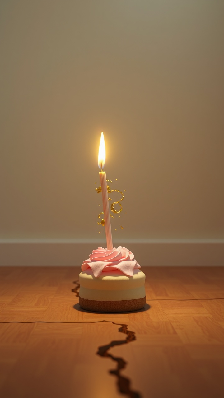 AI generated image by FLUX.1-schnell: 3D Pixar-style slow-motion shot of a small pastel-colored birthday cake falling toward a cracked wooden floor. The candle flame extinguishes mid-air, releasing sparkling golden particles. Dramatic soft cinematic lighting, highly emotional atmosphere, hyper-detailed textures.